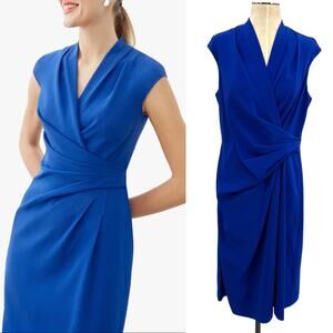 The Fold London Balfour Cobalt Blue Wrap Sheath Dress US 10 UK 14 Crepe Work